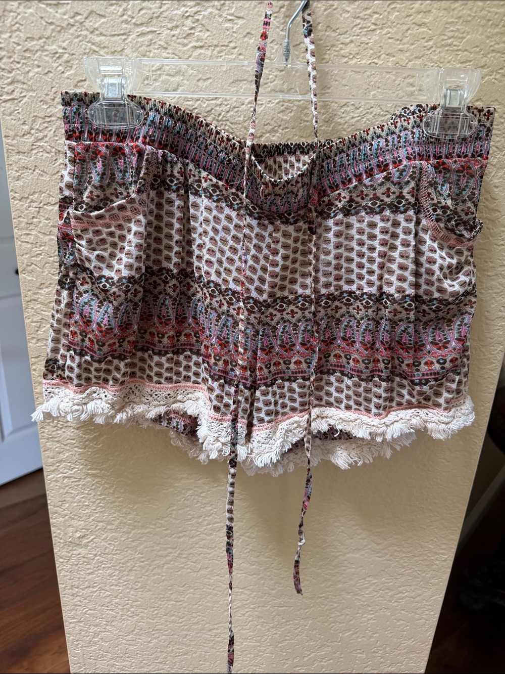 For Cynthia Cream & Pink Boho Fringe Hem sheer Shorts